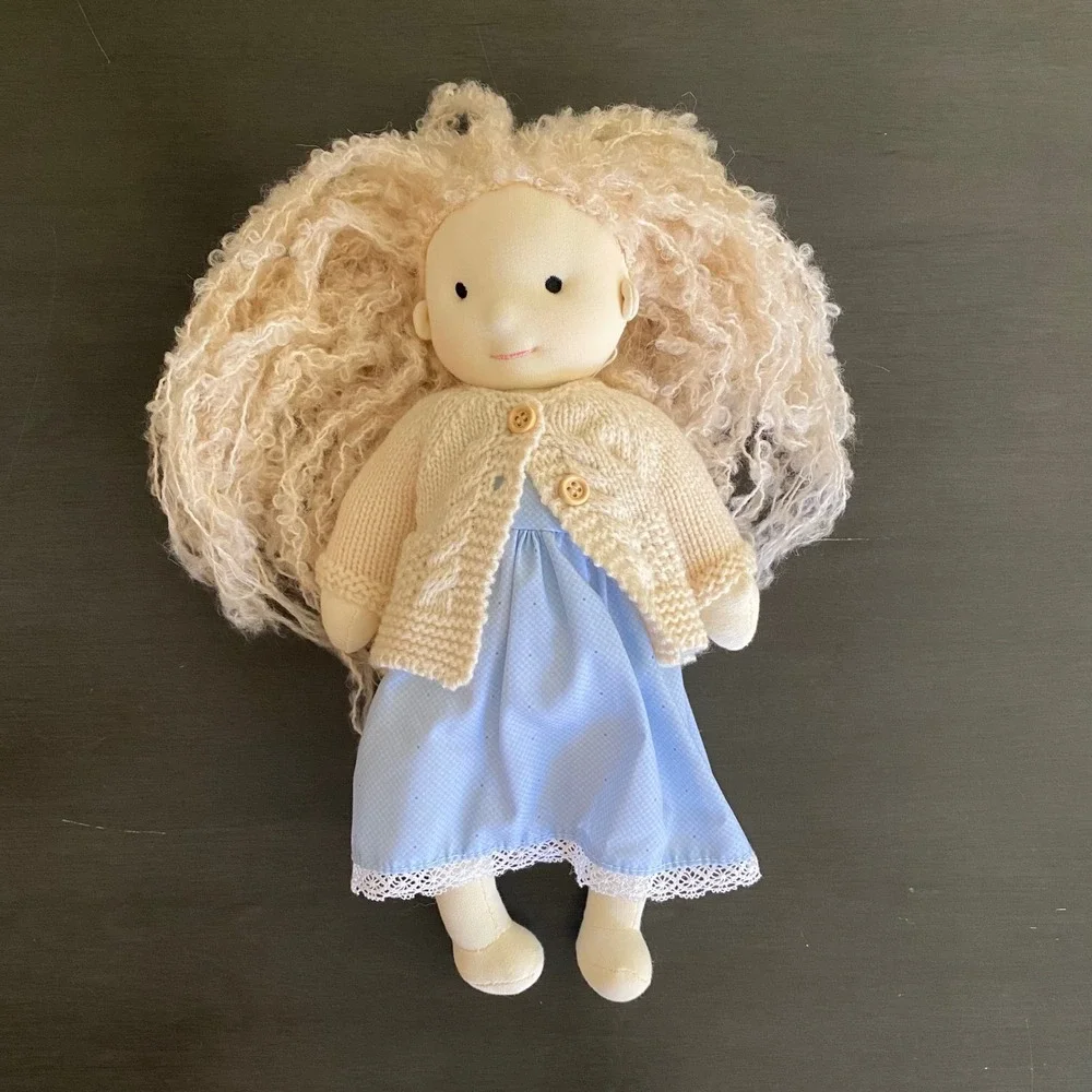 Handmade Waldorf Style Rag Doll Blonde Curly Hair Blue Dress Knit Cardigan 12in